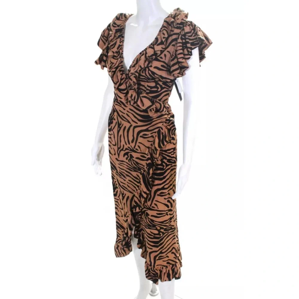 De La Vali Cadaques Tiger Stripe Ruffled Crepe True Wrap Dress US 2 UK 6…